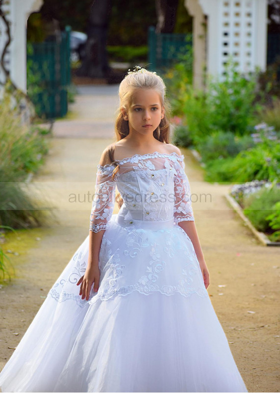 Elbow Sleeve Off Shoulder White Lace Tulle Flower Girl Dress